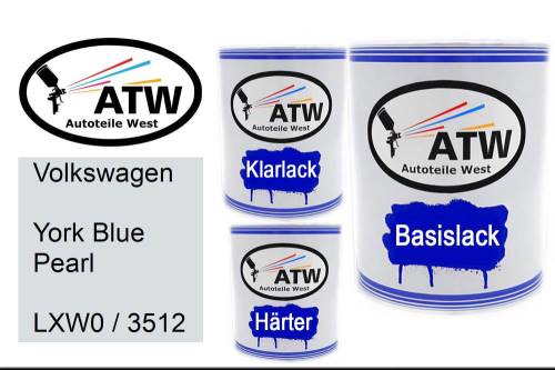 Volkswagen, York Blue Pearl, LXW0 / 3512: 1L Lackdose + 1L Klarlack + 500ml Härter - Set, von ATW Autoteile West.